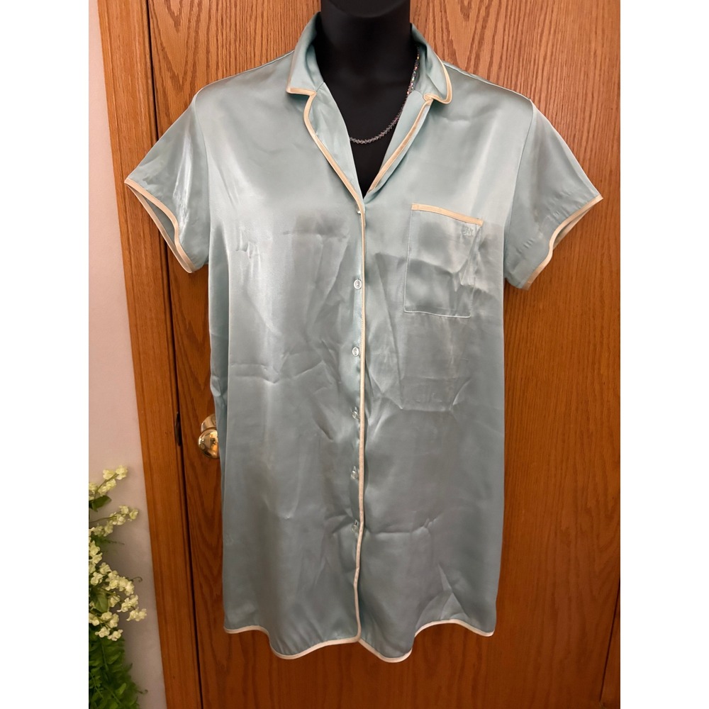 Jones New York Satin Sleep Shirt Womens Large green Button Front Nightgown JNY - Picture 2 of 6